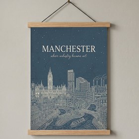 Resim Manchester Line Art Print - Slate Blue Town Hall Industrial Skyline Wall Art - With Hanger - Wood / 8,3 x 11,7" (21x30) 