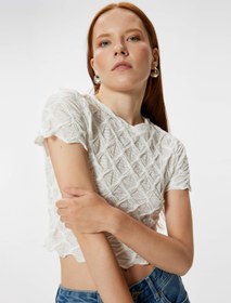 Resim Dokulu Crop Tişört Asimetrik Kısa Kollu Yuvarlak Yaka Slim Fit 