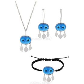 Resim Gümüş Süryani Nazar Boncuğu Kolye Küpe Ve Bileklik Üçlü Set 