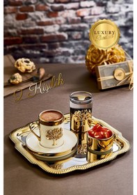 Resim Grimorlife 2 Kişilik Tepsili Gold Porselen Ağaç Detaylı Fincan Sunum Seti-söz Nişan Kahve Fincanı Gold 