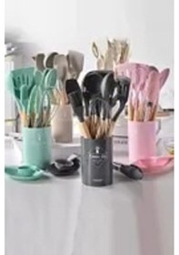 Resim 18'li Parça Silikon Çırpıcı Spatula Maşa Kepçe Kevgir Kaşık Fırça Servis Seti Bambu Saplı Mutfak Tak Siyah 