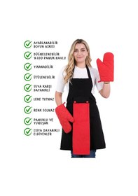 Resim Star Ayar Askılı Havlulu 4lü Mutfak Önlüğü Seti 2 Eldiven Siyah-kırmızı-kırmızı 