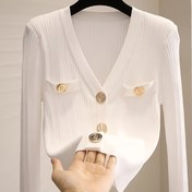 Resim Kadınlar için Şık V-Yaka Altın Tonlu Metal Düğmeli Hırka - Uzun Kollu Açık Ön Tasarım, İlkbahar/Sonbahar Katmanlama İçin Orta Esneklikte Düz Renk, Ofis & Günlük Kullanım, Sonbahar Katmanlama Parçası, Kore Moda Stili, Rahat Kalıp 