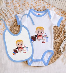 Resim Bk Kids Little Boss Tasarımlı Mavi Bebek Body Zıbın Ve Mama Önlüğ Çok Renkli 