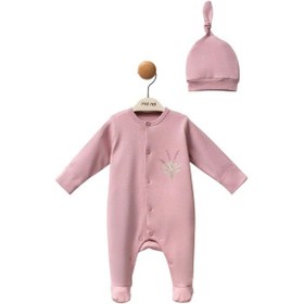 Resim Mürdüm Şapkalı Bebek Tulumu, İnterlok Kumaş , Çıt Çıtlı Uzun Kollu Patikli Tulum Seti Pembe 