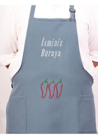 Resim Mutfak Önlüğü Kişiye Ve İsme Özel Nakışlı Mutfak Önlüğü Biber01 Farklı Renkler Mavi 