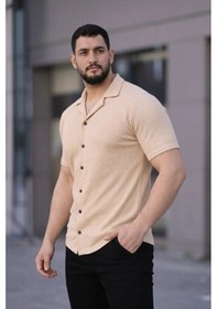 Resim Erkek Waffle Kumaş Kısa Kollu Düğmeli Açık Yaka Regular Fit Gömlek - Bej Bej 