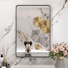 Resim WEER Duvar için Siyah Banyo Aynası 50 x 70 cm, Dikdörtgen Mat Siyah Metal Çerçeveli Makyaj Aynası, Temperli Camlı Çiftlik Evi Banyo Aynası, Yuvarlak Köşe, Pas Önleyici (Yatay/Dikey) 