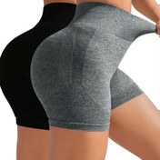 Resim 2-Pack Yüksek Bel Dikişsiz Spor Şort, Esnek Popo Kaldırma Zayıflatıcı Egzersiz Yoga Şortları, Fitness Salonu Aktivewear - Düz Renkler 