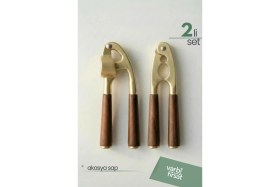 Resim Feyza Design Akasya Saplı Gold Sarımsak Ezici ve Ceviz Fındık Kıracağı Seti 
