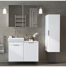 Resim Dubai Mdflam Sepetli Banyo Dolabı Seti, Lavabolu Alt Dolap + Aynalı Banyo Üst Dolabı + Boy Dolabı Beyaz 