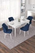 Resim Canisa Nef Serisi, Beyaz Mermer Desen 70x114, Açılabilir Mdf Yemek Odası Takımı, 4 Lacivert Sandalye 