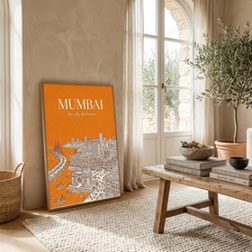 Resim Mumbai Line Art Print - Saffron Gateway of India Marine Drive Skyline Wall Art - Wooden Frame - White / 16 x 20" (40x50 cm) 