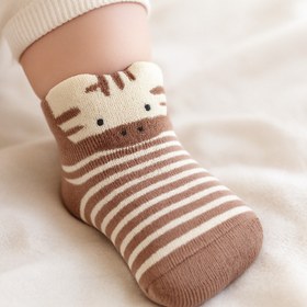 Resim SOLDE SOCKS 2 Çift Aynı Model Pamuklu Kaymaz Taban Bebek Çorabı - Yıkamada Bozulmayan Çizgili Zürafa Desen Set 