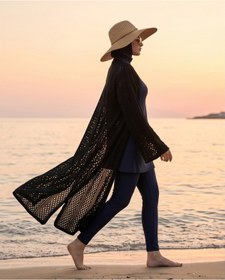 Resim Trend Kapında Yazlık Ajurlu Uzun Önü Açık Triko Kimono Kaftan, Plaj Giyim 