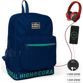 Resim Coral High Nakış Logolu Usb Şarjlı Kulaklık Çıkışlı Lacivert Sırt Çantası 