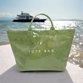 Resim Büyük Tote Çantası, Yeşil "TOTE BAG" Baskılı - Dayanıklı PVC, Yaz Seyahatleri, Plaj ve Rahat Kullanım için Geniş, Seyahat Gereksinimleri Çantası | Şık Tote Çantası | Dayanıklı Tutma Çantası, Plaj Tote Çantası 