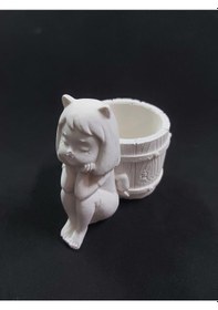 Resim Sepetli Kedi Kız Kalemlik Saksı 11x7cm 