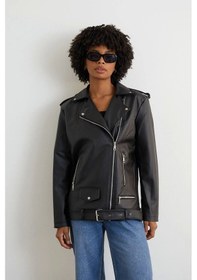 Resim Genculus Uzun Deri Ceket Kadın Oversize Kesim Kemerli Model Siyah 