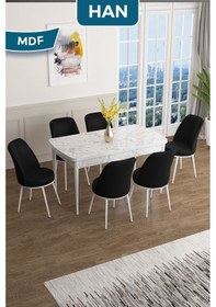 Resim Canisa Han Serisi, 70x114 Açılabilir Mdf Masa Takımı, Beyaz Mermer Desen Masa Ve 6 Siyah Sandalye Masa Beyaz Mermer Sandalyeler Siyah 