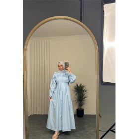 Resim Neşeli Butik Kadın Bebe Mavi Belden Oturtmalı Çiçek Detaylı Premium Tesettür Elbise NBVQ4933 