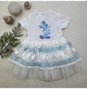 Resim 1-2-3 Yaş Payetli Mickey Baskılı Brode Etekli Kız Bebek Elbisesi Turkuaz Turkuaz 