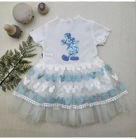Resim 1-2-3 Yaş Payetli Mickey Baskılı Brode Etekli Kız Bebek Elbisesi Turkuaz Turkuaz 