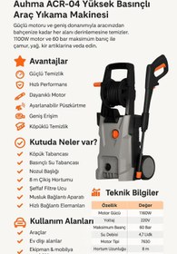 Resim Brawi Auhma ACR-04, 60 bar basınç ve 1100W gücüyle aracınızı, bahçenizi ve dış mekânlarınızı tertemiz yap. 
