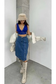 Resim KENE JEANS YÜKSEK BEL MAVİ ÖN FERMUAR DETAYLI KOT ETEK 