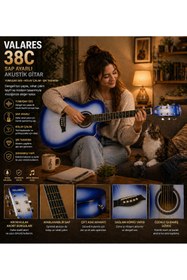 Resim valares 38CM Kesik Kasa Mavi Sunburst Akustik Gitar 38 İnç 4/4 Sap Ayarlı Cutaway + Çanta Askı Pena Hediyeli Üst Segment 
