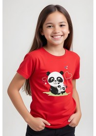 Resim Panios Kids Mother Panda Baskılı Kız Çocuk Kısa Kollu T-shirt Kırmızı 