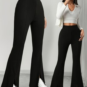 Resim Şık Yan Yırtmaçlı Pantolonlar için - Çok Yönlü Zil Alt Tarzı, %95 Polyester ve %5 Spandex Örme Kumaş, Makinede Yıkanabilir, Tüm Sezon Rahatlığı, Siyah, Yüksek Bel Tasarımı, Günlük veya Preppy Görünümler için Mükemmel 
