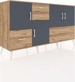 Resim Kronos Konsol 4 Raflı 5 Çekmeceli 4 Kapaklı 176x59x99 Çam-antrasit/çam Antrasıt/atlas Çam - Atlas Çam 