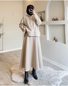 Resim Esre Store 44112 - Scuba Kumaş Kapüşonlu Tesettür İkili Takım Bej 