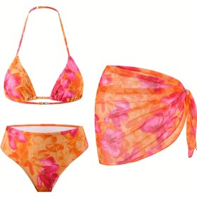Resim Genç Kız Turuncu Çiçek Baskılı Bikini Takımı, Bikini Altı ve Bağcıklı Mayo 3 Parça Yazlık Plaj 