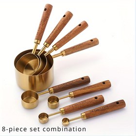 Resim 8 Adet Paslanmaz Çelik Ölçü Kupaları ve Kaşık Seti, Dayanıklı Mutfak Aletleri Ahşap Saplı ve Kazınmış İşaretleri ile 