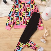 Resim Kızlar için Renkli Harf Baskılı Uzun Kollu Üst + Dar Kesim Pantolon Takımı, Bahar ve Sonbahar Rahat Sokak Modası, Dış Mekanlar İçin Mükemmel 