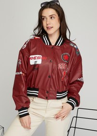 Resim Black Level Kadın Baskılı Kolej Mont Bomber Ceket Deri Mont Oversize Deri Biker Yarışçı Motorcu Deri Ceket 