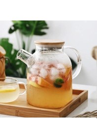 Resim Morponi Ateşe Dayanıklı Borosilikat Cam Bambu Kapaklı Bitki Çayı Demliği & Sürahi 1800 Ml Şeffaf 