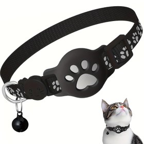 Resim 1 adet Apple AirTag Uyumlu Kedi Tasması Pati Baskı Tasarımlı, Güvenlik için Zil ve Metal Halka ile Yansıtıcı Naylon Ayarlanabilir Evcil Hayvan Tasması - Siyah 