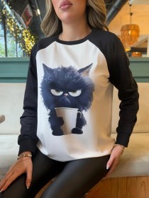 Resim Nova Bazaar Kadın Uzun Kollu Bisiklet Yaka Kedi Baskılı Şardonlu Dalgıç Bluz Beyaz 
