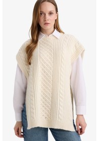 Resim Defacto Loose Fit Bisiklet Yaka Yırtmaçlı Triko Süveter G4745ax25wnbg646 Bej-bg646 