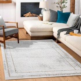 Resim Gri Geometrik Modern Geometrik Etnik Eskitme Desenli Boho Makinada Yıkanabilir Hafif Hav Toz Vermez Leke Tutmaz Kaymaz Taban Dijital Makine Baskı Halı Oturma Odası Salon Yolluk Koridor Mutfak Halısı 