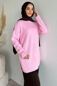 Resim Gülseli Bisiklet Yaka Yırtmaçlı Tesettür Triko Tunik Pembe TZL-P-00020085 