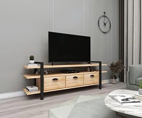 Resim Woodface Lucca Doğal Ahşap Televizyon Sehpası ve Ünitesi 148x30 Masif Dekoratif Metal Ayaklı 