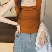 Resim Kadınlar İçin Retro Kare Yaka Kolsuz Crop Top - Yüksek Esneklik Viskon/Elastan Karışımı, Büzgülü Etek & Dar Kesim X-Kontur Silüet, Tek Renk Çok Amaçlı Katmanlama Parçası İlkbahar Yaz Sonbahar 