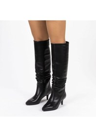 Resim Vegan 6.5 Cm Kısa Rahat Topuklu Sivri Burunlu Körüklü Uzun Kadın Çizme Siyah 