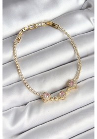 Resim Pirinç Sıralı Pembe Kalp Figürlü Zirkon Taşlı Gold Renk Kadın Bileklik Renkli 