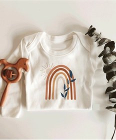 Resim Tuğbababy Boho Gökkuşağı Desenli Uzun Kol Çıtçıtlı Organik Bebek Body Beyaz 