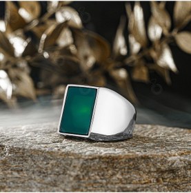 Resim Gümüş Yeşil Akik Taşlı Sade Tasarım Erkek Yüzük 